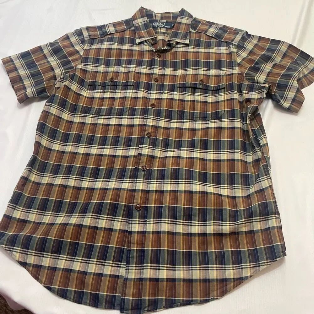 Polo By Ralph Lauren Brown Plaid VTG Short Sleeve Button Up Shirt Size Large